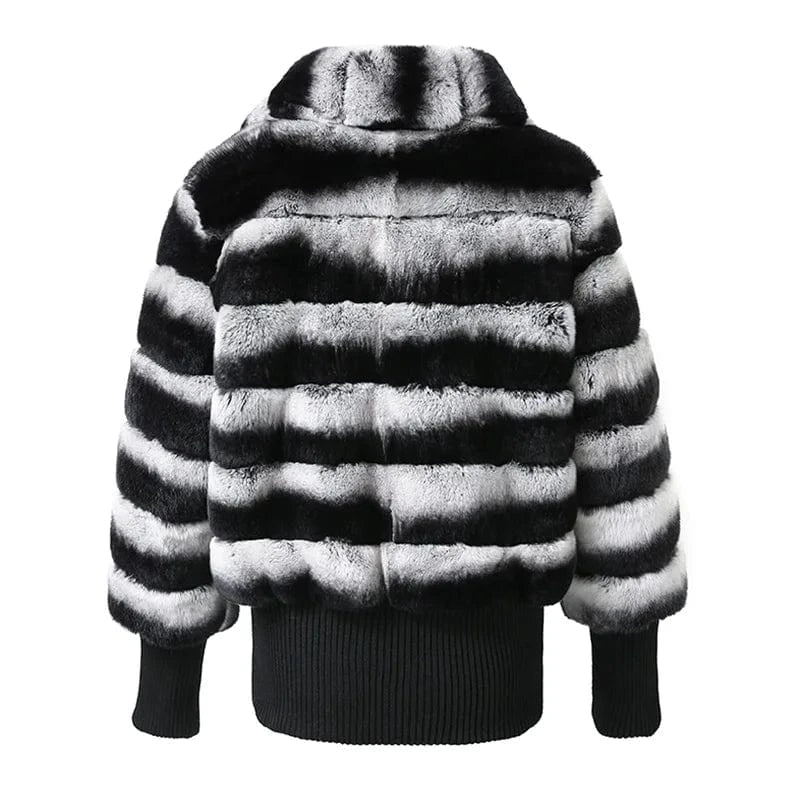 Jancoco Winter Luxury Rex Rabbit Fur Jacket Cropped Women Real Chinchilla Fur Coat