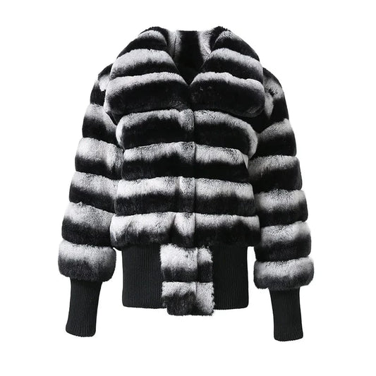 Jancoco Winter Luxury Rex Rabbit Fur Jacket Cropped Women Real Chinchilla Fur Coat