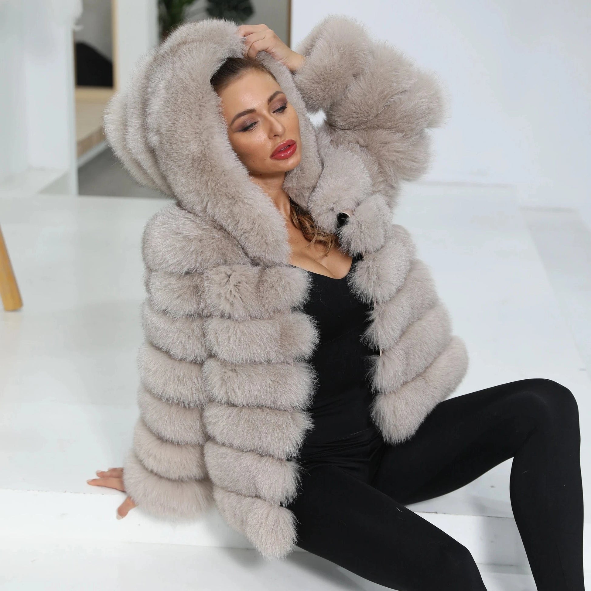 Janefur new arriving cost-effective hot selling medium length hooded women fox fur coat