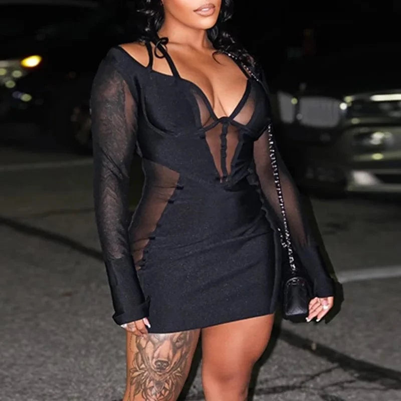 JD299989 Party Clubwear Black Patchwork Stunning Mini Dress Women Girl 2024 Spring New Trend Slim Dress