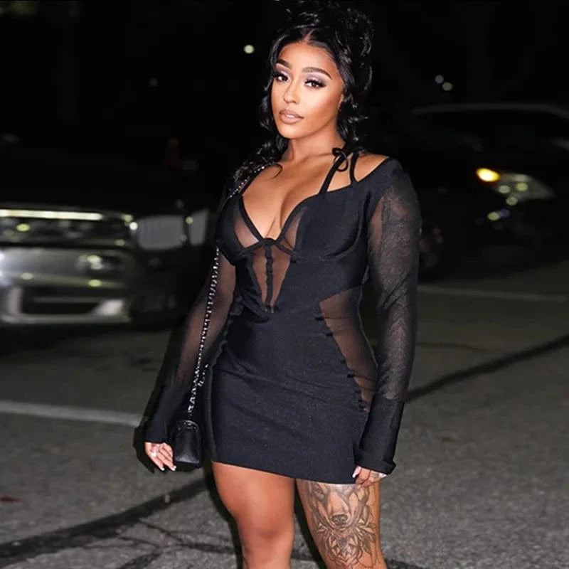 JD299989 Party Clubwear Black Patchwork Stunning Mini Dress Women Girl 2024 Spring New Trend Slim Dress