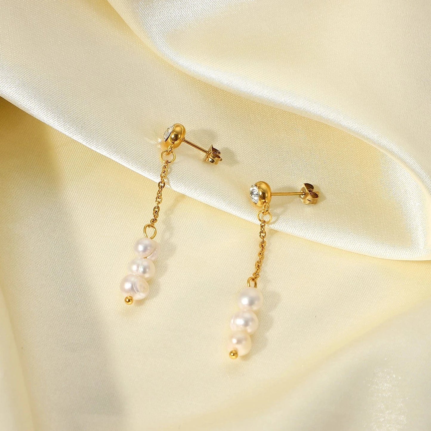 JDE201793 14k gold plated Stainless Steel Jewelry Gift Waterproof cubic zirconia long chain pearl earrings