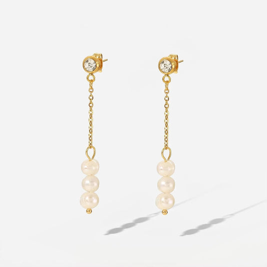JDE201793 14k gold plated Stainless Steel Jewelry Gift Waterproof cubic zirconia long chain pearl earrings