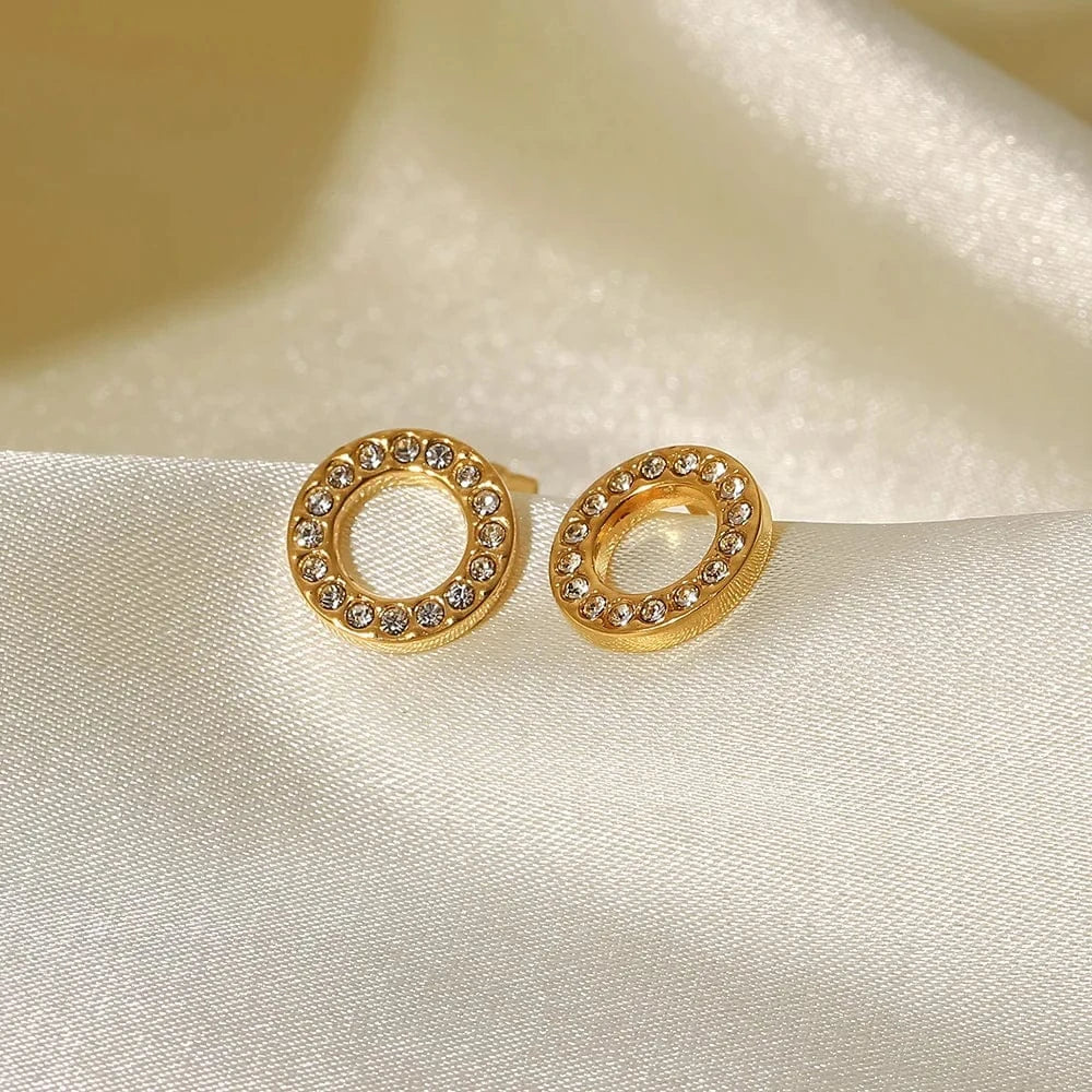 JDE202141-WT 18K Gold Plated Stainless Steel Jewelry Charm Hollow White Circle Cubic Zirconia Stud Earrings