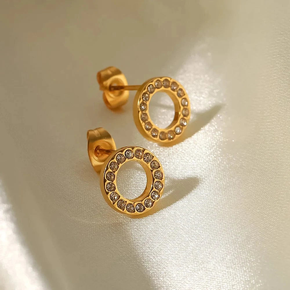 JDE202141-WT 18K Gold Plated Stainless Steel Jewelry Charm Hollow White Circle Cubic Zirconia Stud Earrings