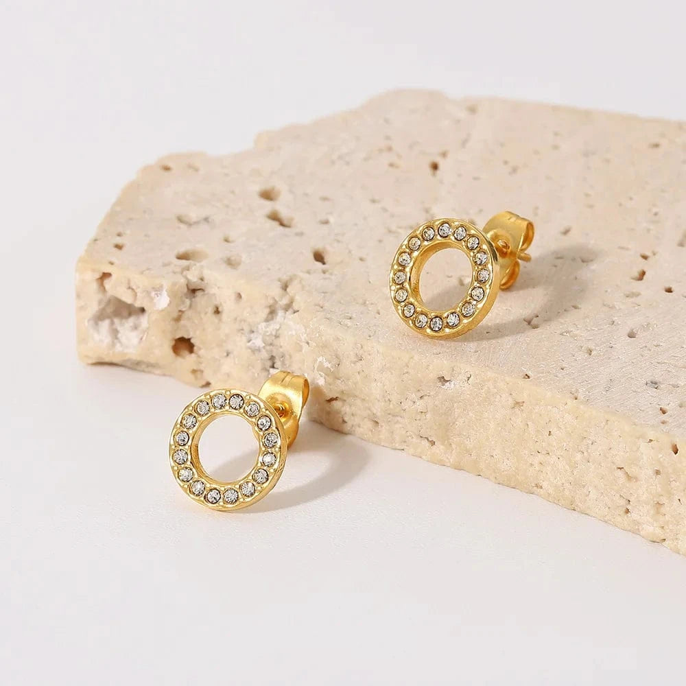 JDE202141-WT 18K Gold Plated Stainless Steel Jewelry Charm Hollow White Circle Cubic Zirconia Stud Earrings