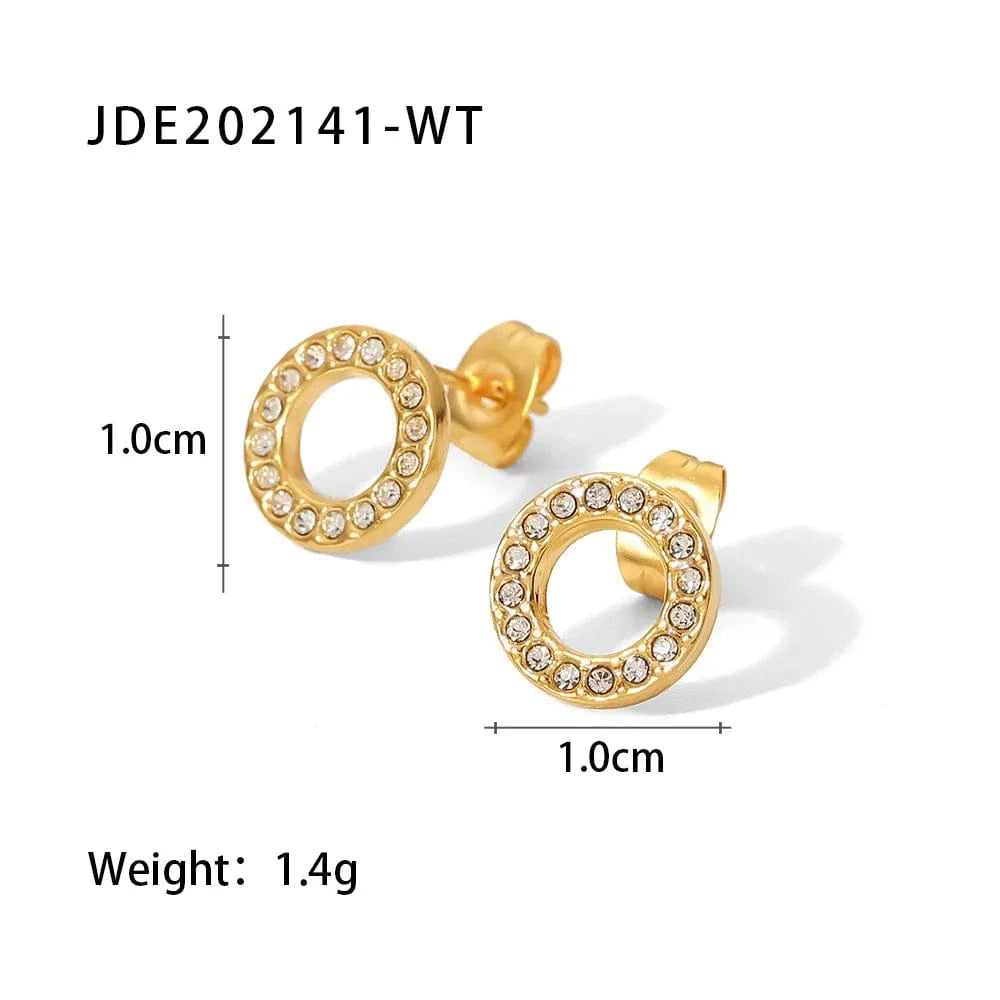 JDE202141-WT 18K Gold Plated Stainless Steel Jewelry Charm Hollow White Circle Cubic Zirconia Stud Earrings