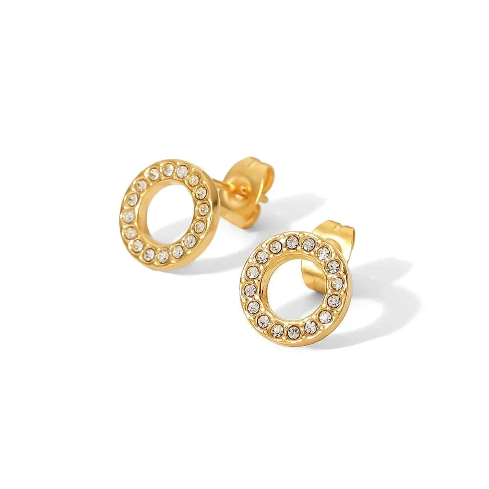 JDE202141-WT 18K Gold Plated Stainless Steel Jewelry Charm Hollow White Circle Cubic Zirconia Stud Earrings