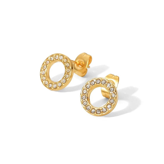 JDE202141-WT 18K Gold Plated Stainless Steel Jewelry Charm Hollow White Circle Cubic Zirconia Stud Earrings