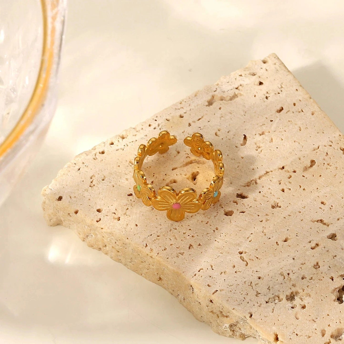 JDR201741 Stainless Steel 18k Gold Plated Oil Driping Enamel Jewelry Colorful Flower Finger Rings