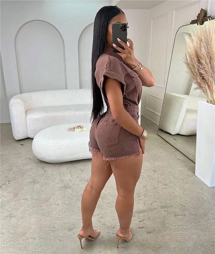 Jeans Jumpsuits Summer Women Short Sleeve Bodysuit Ripped Denim Shorts Jumpsuits