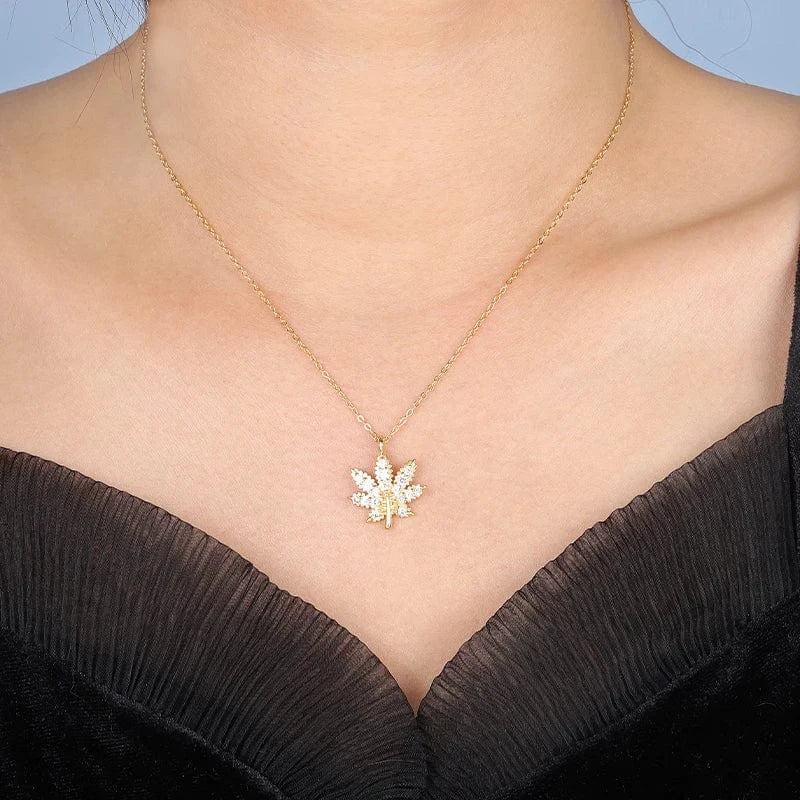 Joacii Fine Jewelry 925 Sterling Silver 18K Gold Plated Maple Leaf Green White Zircon Leaves Pendant Necklace