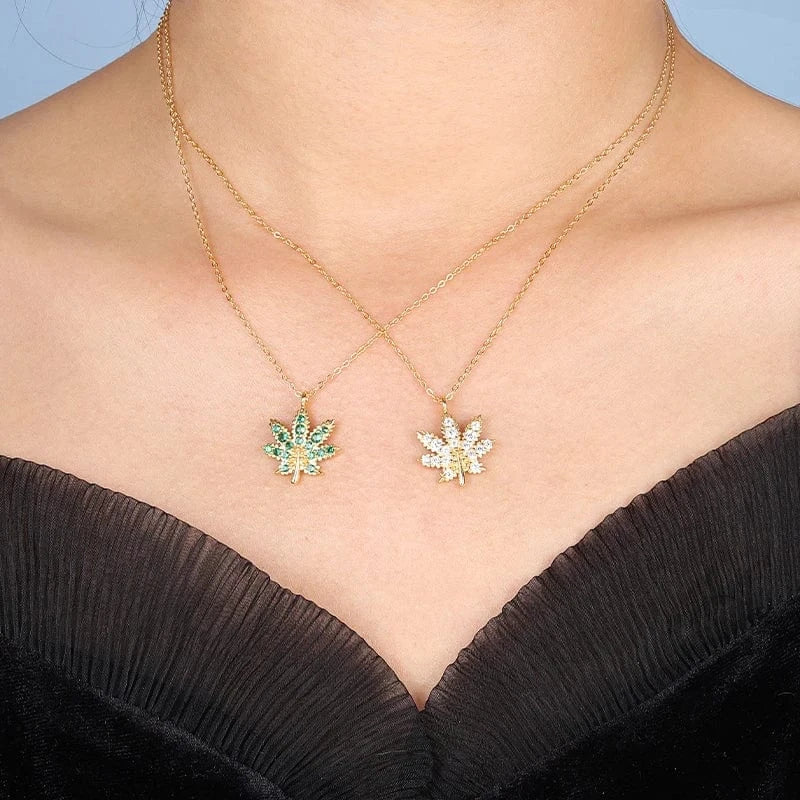Joacii Fine Jewelry 925 Sterling Silver 18K Gold Plated Maple Leaf Green White Zircon Leaves Pendant Necklace