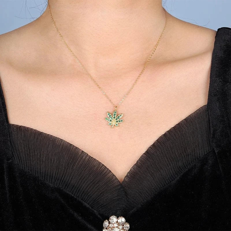 Joacii Fine Jewelry 925 Sterling Silver 18K Gold Plated Maple Leaf Green White Zircon Leaves Pendant Necklace