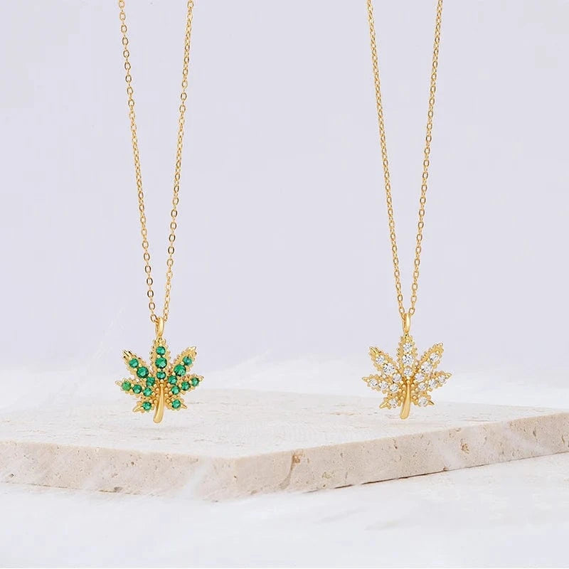 Joacii Fine Jewelry 925 Sterling Silver 18K Gold Plated Maple Leaf Green White Zircon Leaves Pendant Necklace