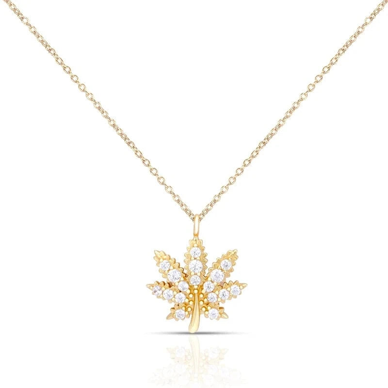 Joacii Fine Jewelry 925 Sterling Silver 18K Gold Plated Maple Leaf Green White Zircon Leaves Pendant Necklace