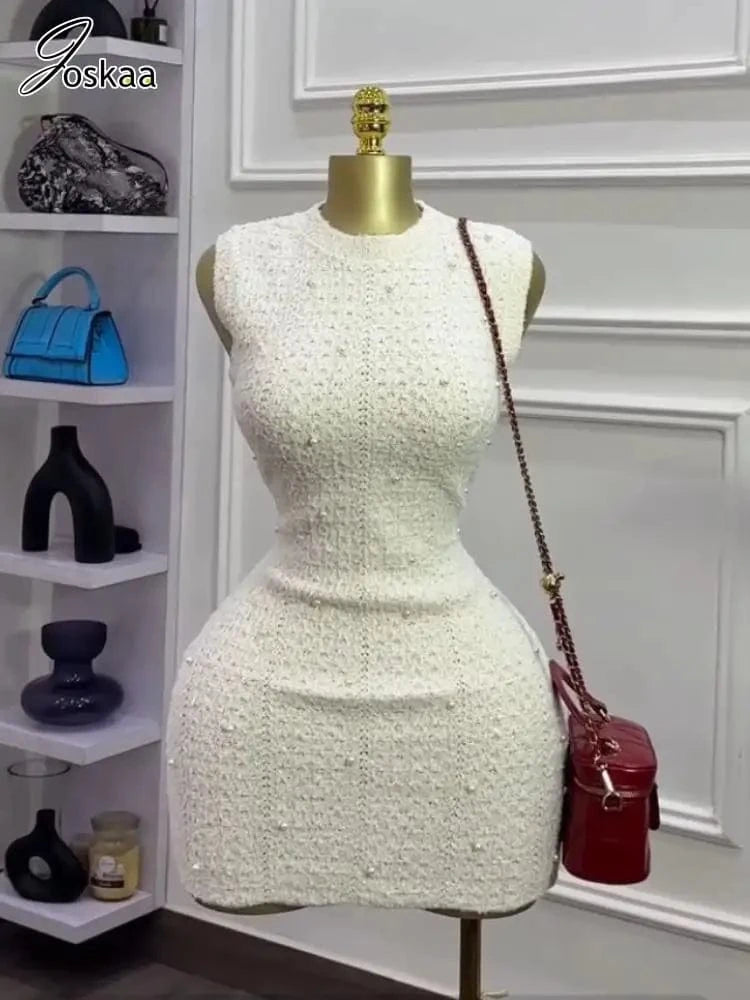 Joskaa 2025 Fall Women's Pearl Embellished Round Neck Sleeveless Bodycon Mini Knitted Dress Party Clubwear Vintage Streetwear