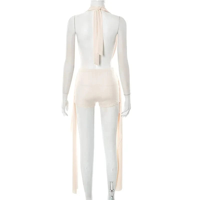 Joskaa 2025 Summer Beach Style 2 Piece Sets Women Sexy Backless Bandage Halter Tops and Ribbons Shorts Matching Vacation Outfits
