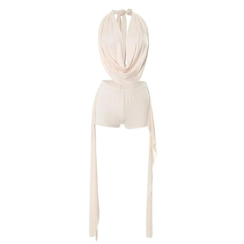 Joskaa 2025 Summer Beach Style 2 Piece Sets Women Sexy Backless Bandage Halter Tops and Ribbons Shorts Matching Vacation Outfits