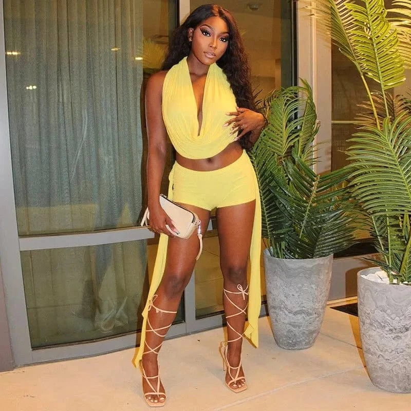 Joskaa 2025 Summer Beach Style 2 Piece Sets Women Sexy Backless Bandage Halter Tops and Ribbons Shorts Matching Vacation Outfits