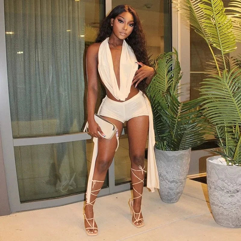 Joskaa 2025 Summer Beach Style 2 Piece Sets Women Sexy Backless Bandage Halter Tops and Ribbons Shorts Matching Vacation Outfits