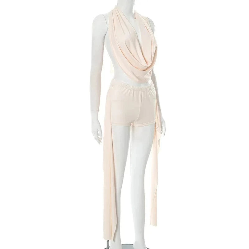 Joskaa 2025 Summer Beach Style 2 Piece Sets Women Sexy Backless Bandage Halter Tops and Ribbons Shorts Matching Vacation Outfits