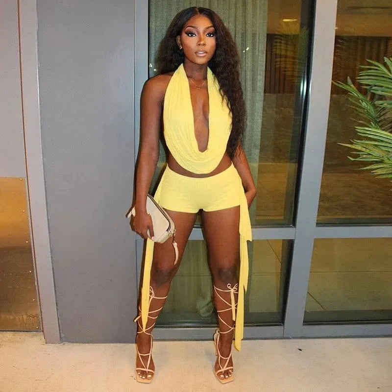 Joskaa 2025 Summer Beach Style 2 Piece Sets Women Sexy Backless Bandage Halter Tops and Ribbons Shorts Matching Vacation Outfits
