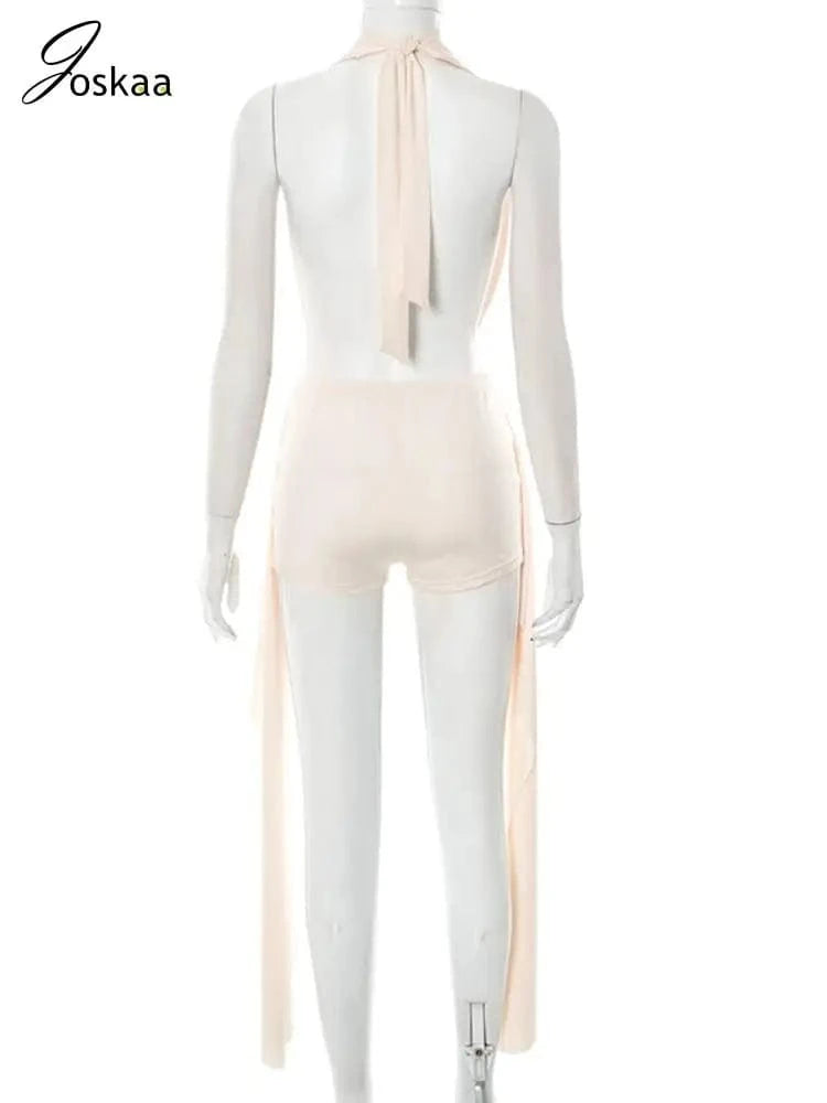 Joskaa 2025 Summer Beach Style 2 Piece Sets Women Sexy Backless Bandage Halter Tops and Ribbons Shorts Matching Vacation Outfits