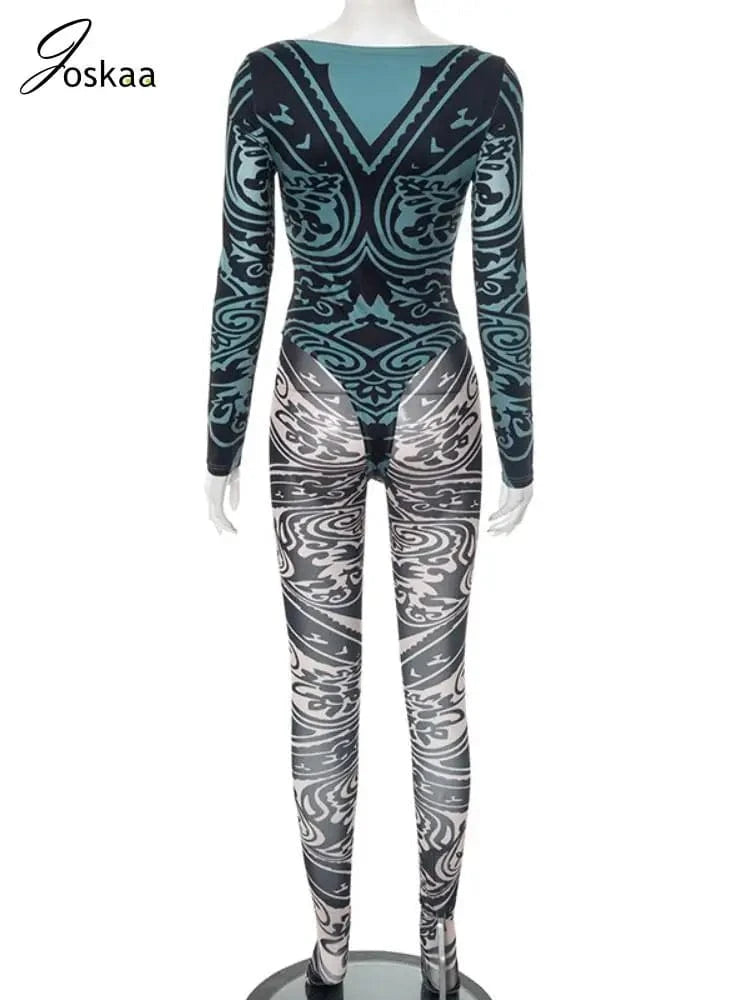 Joskaa 2025 Women's Abstract Print Two Piece Set Sexy Round Neck Long Sleeve Bodysuit + Skinny Pants Matching Y2K Streetwear