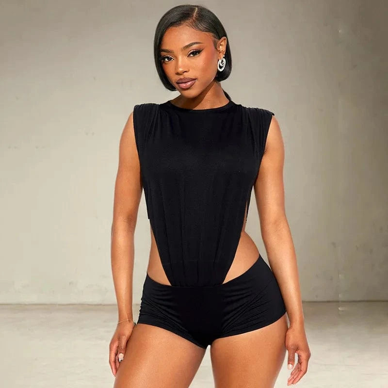 Joskaa 2025 Women's Black Two Piece Set Sexy Crew Neck Sleeveless Side Cutout Bodysuits and Bodycon Shorts Suits Y2K Streetwear
