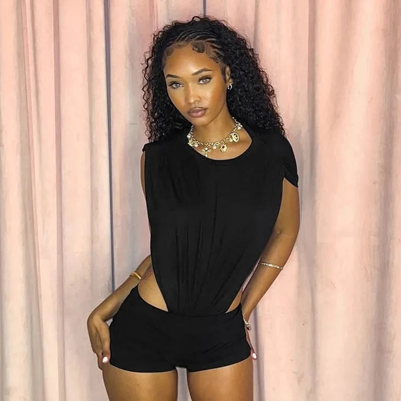 Joskaa 2025 Women's Black Two Piece Set Sexy Crew Neck Sleeveless Side Cutout Bodysuits and Bodycon Shorts Suits Y2K Streetwear