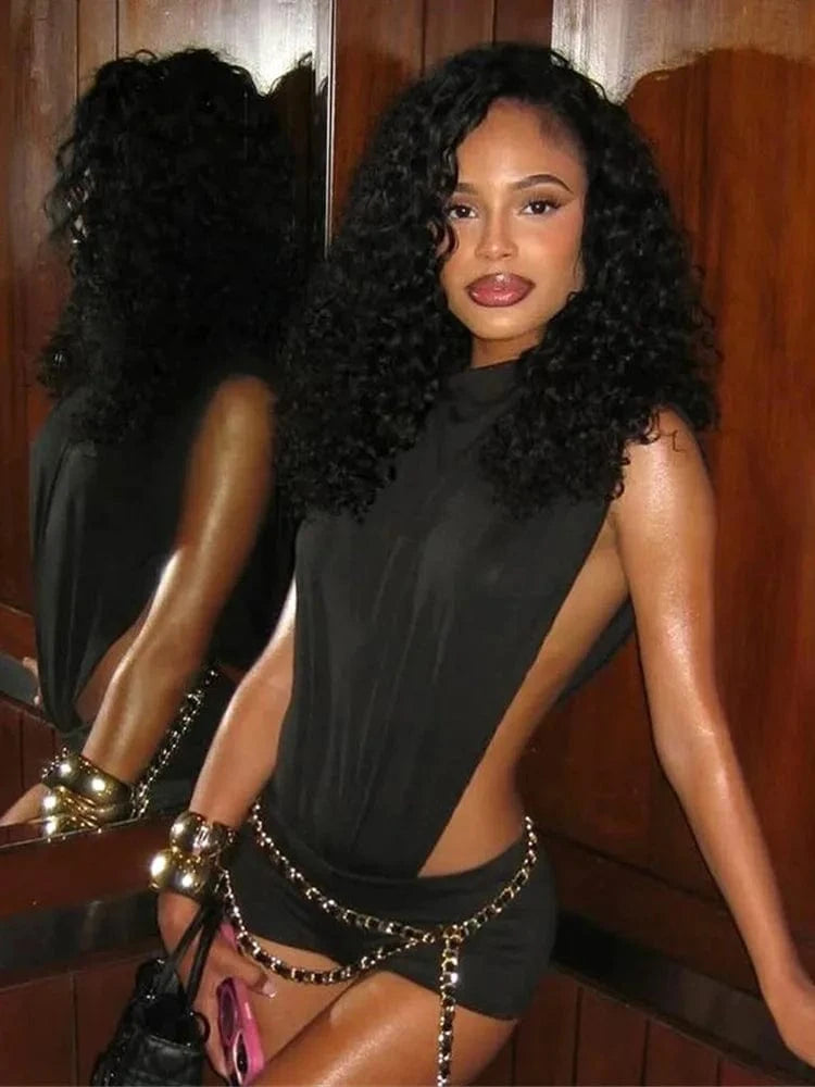 Joskaa 2025 Women's Black Two Piece Set Sexy Crew Neck Sleeveless Side Cutout Bodysuits and Bodycon Shorts Suits Y2K Streetwear