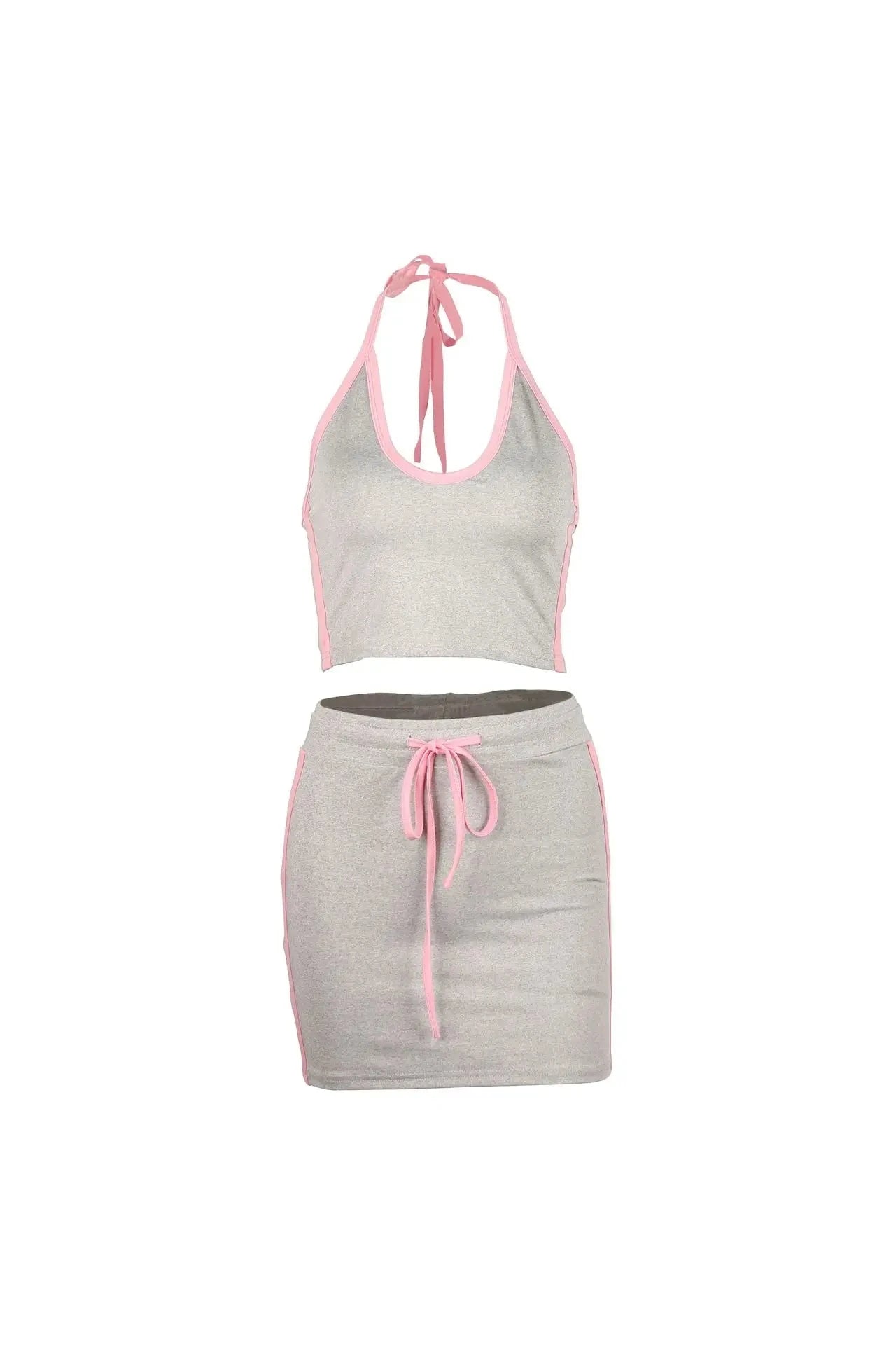 Joskaa 2025 Women's Color Block Sporty Two Piece Set Casual Halter Low-Neck Backless Camisole+Drawstring Skirts Match Tracksuits