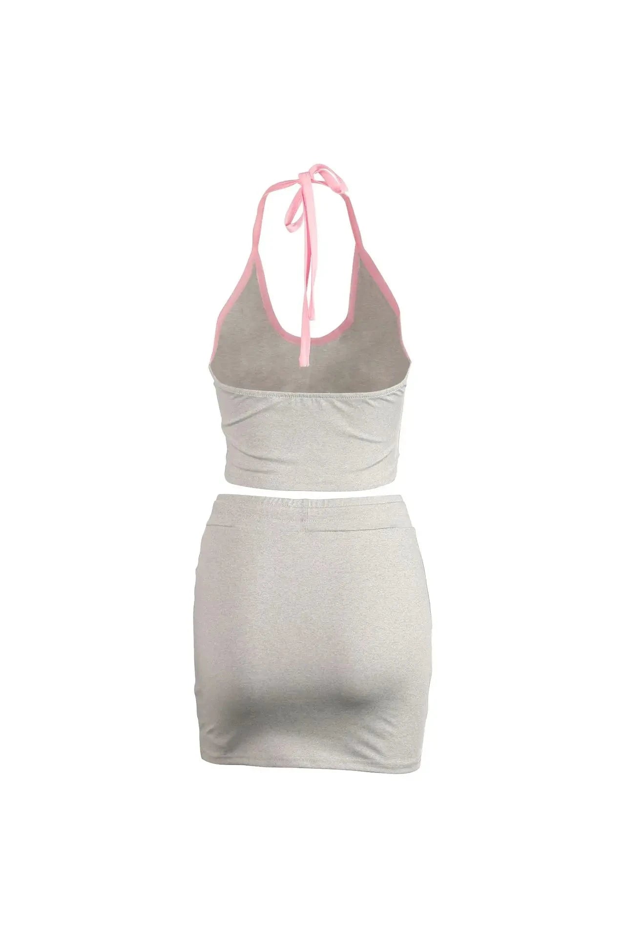 Joskaa 2025 Women's Color Block Sporty Two Piece Set Casual Halter Low-Neck Backless Camisole+Drawstring Skirts Match Tracksuits