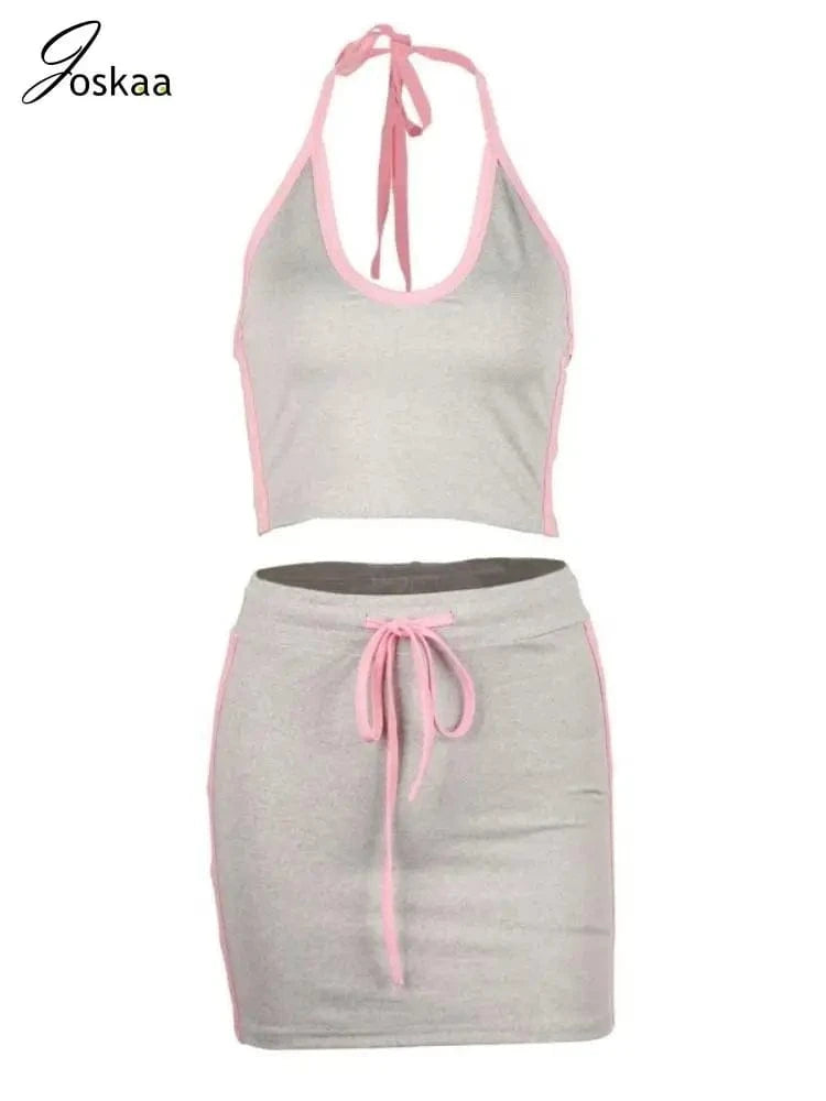 Joskaa 2025 Women's Color Block Sporty Two Piece Set Casual Halter Low-Neck Backless Camisole+Drawstring Skirts Match Tracksuits