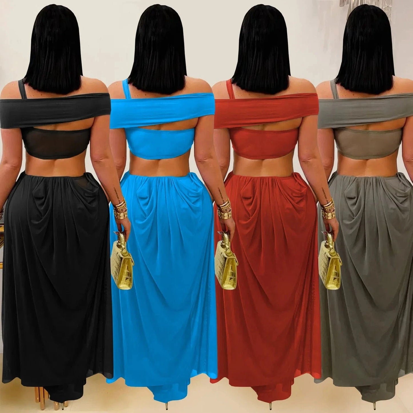 Joskaa 2025 Women's Elegant One Shoulder Strapless Mesh Irregular Maxi Dress Sexy Hollow Backless Skinny Evening Gown Clubwear