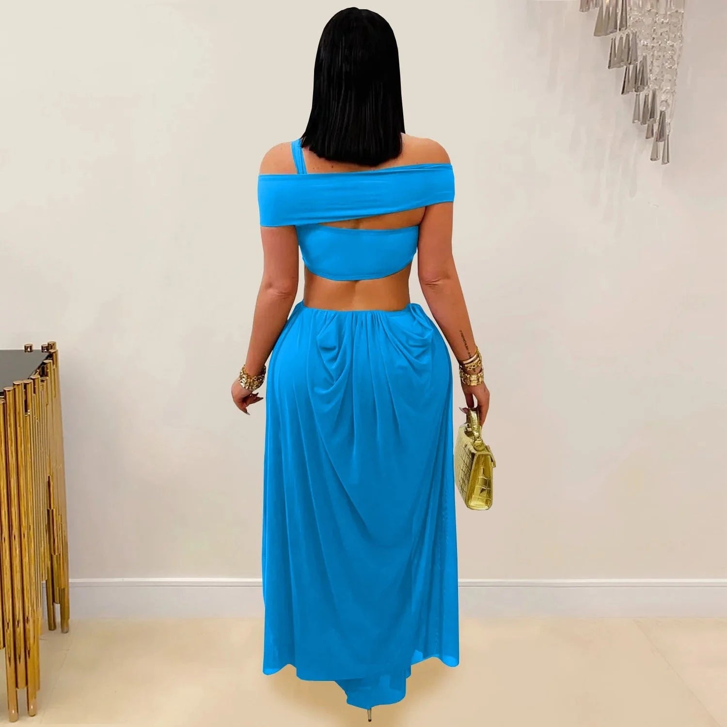 Joskaa 2025 Women's Elegant One Shoulder Strapless Mesh Irregular Maxi Dress Sexy Hollow Backless Skinny Evening Gown Clubwear