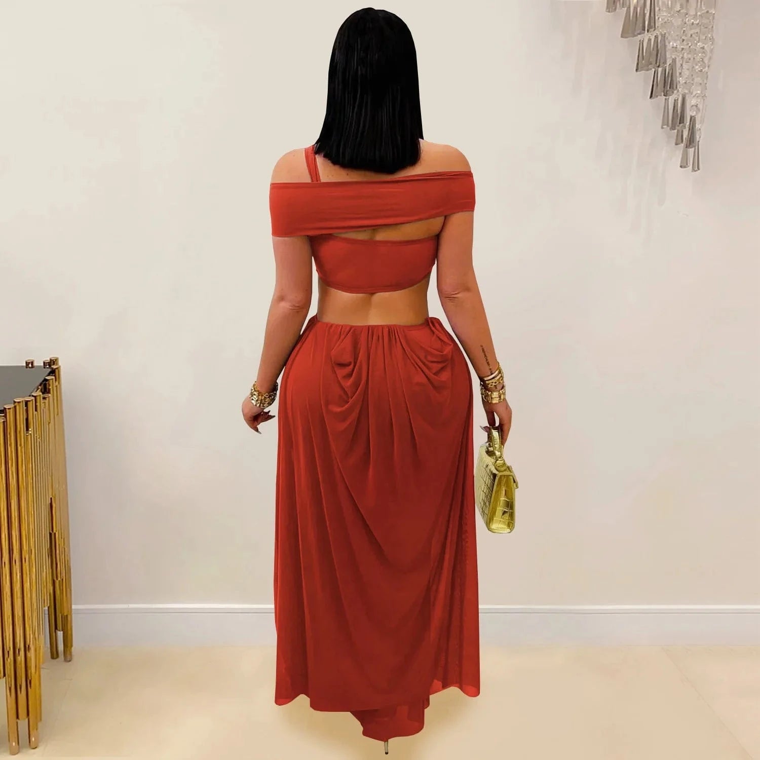 Joskaa 2025 Women's Elegant One Shoulder Strapless Mesh Irregular Maxi Dress Sexy Hollow Backless Skinny Evening Gown Clubwear