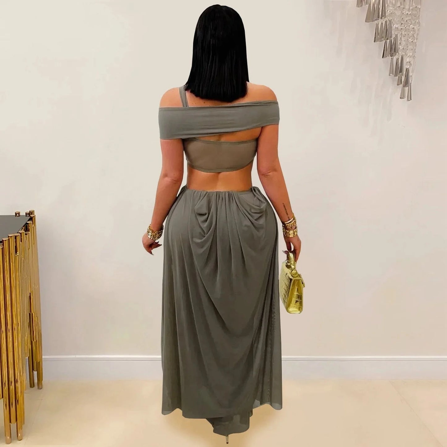 Joskaa 2025 Women's Elegant One Shoulder Strapless Mesh Irregular Maxi Dress Sexy Hollow Backless Skinny Evening Gown Clubwear