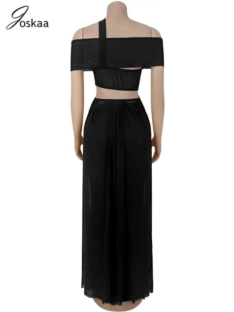 Joskaa 2025 Women's Elegant One Shoulder Strapless Mesh Irregular Maxi Dress Sexy Hollow Backless Skinny Evening Gown Clubwear