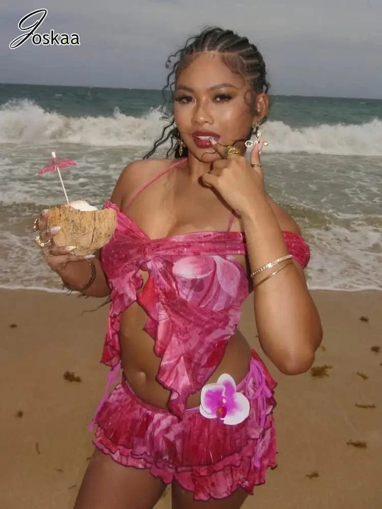 Joskaa 2025 Women's Print Beach Style 2 Piece Sets Sexy Halter Wrap Chest Tops+Irregular Mini Skirt Matching Vacation Outfits