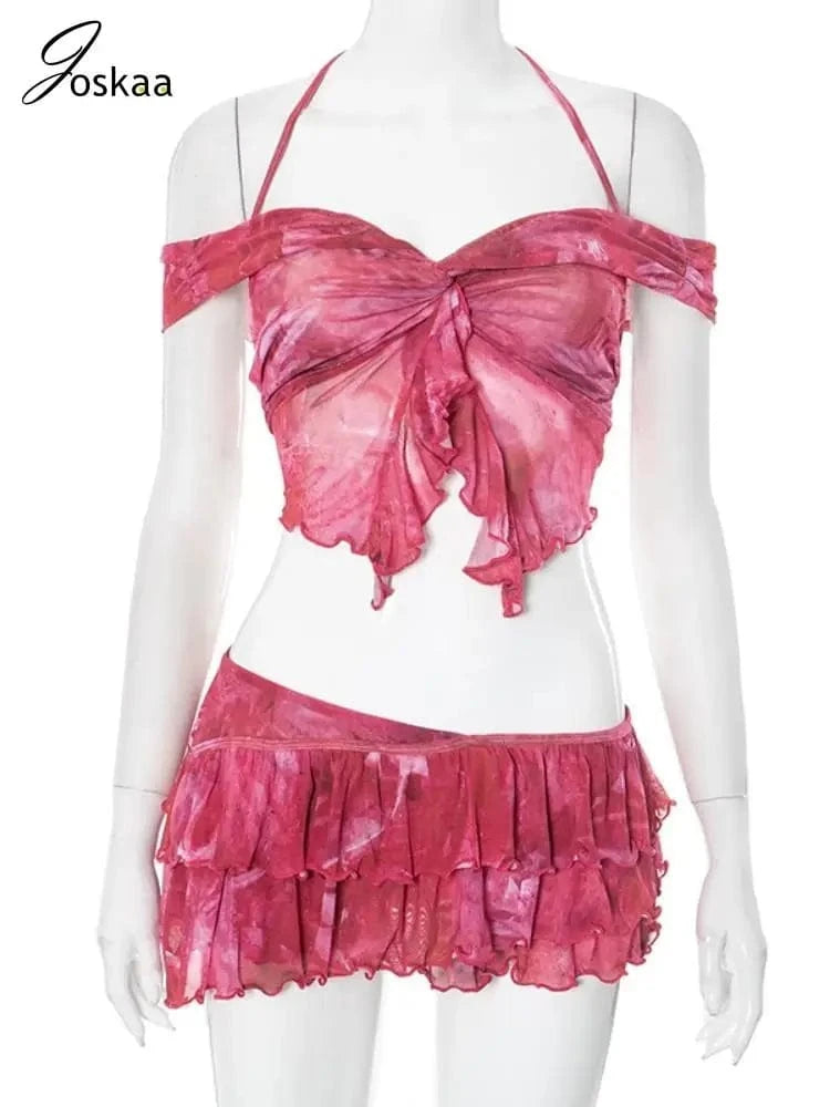 Joskaa 2025 Women's Print Beach Style 2 Piece Sets Sexy Halter Wrap Chest Tops+Irregular Mini Skirt Matching Vacation Outfits