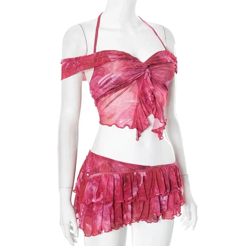 Joskaa 2025 Women's Print Beach Style 2 Piece Sets Sexy Halter Wrap Chest Tops+Irregular Mini Skirt Matching Vacation Outfits