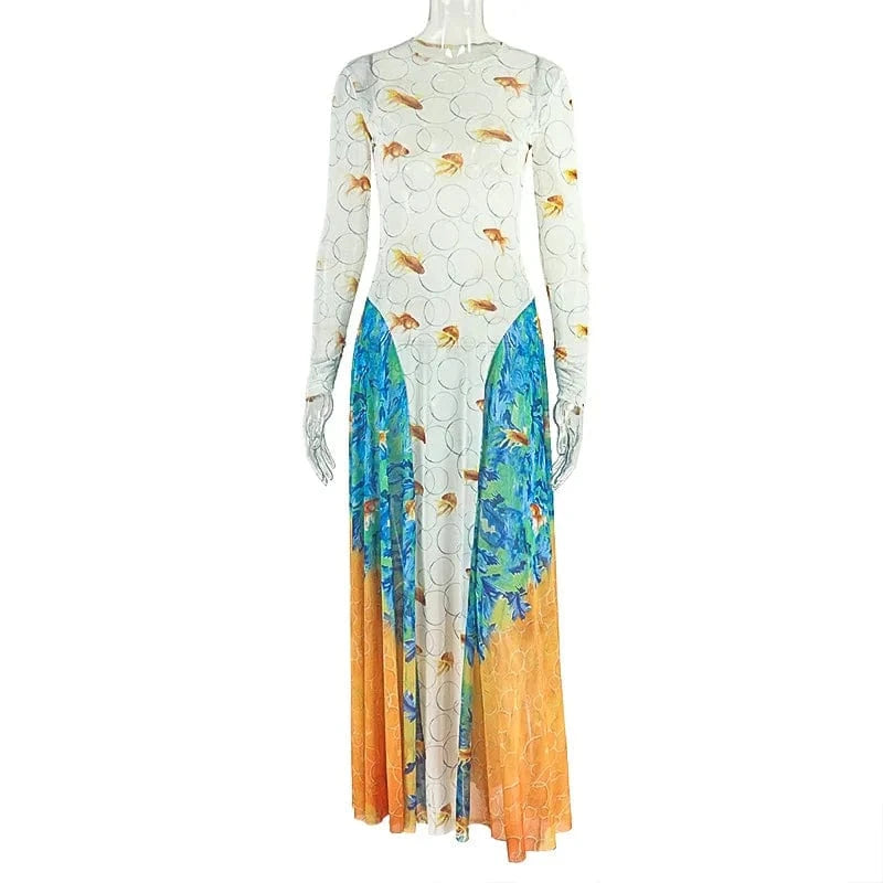 Joskaa 2025 Women's Print Patchwork A-Line Dress Sexy Sheer Mesh O-Neck Long Sleeve Belted Waist Skinny Vestidos Y2K Streetwear