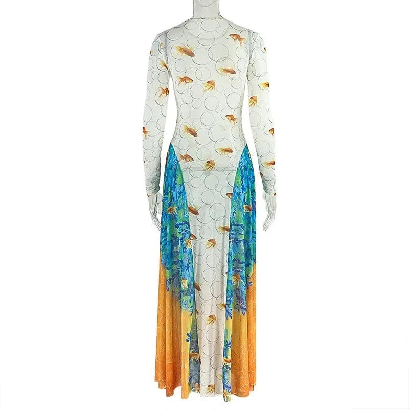 Joskaa 2025 Women's Print Patchwork A-Line Dress Sexy Sheer Mesh O-Neck Long Sleeve Belted Waist Skinny Vestidos Y2K Streetwear