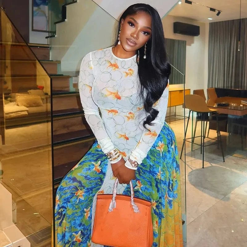Joskaa 2025 Women's Print Patchwork A-Line Dress Sexy Sheer Mesh O-Neck Long Sleeve Belted Waist Skinny Vestidos Y2K Streetwear