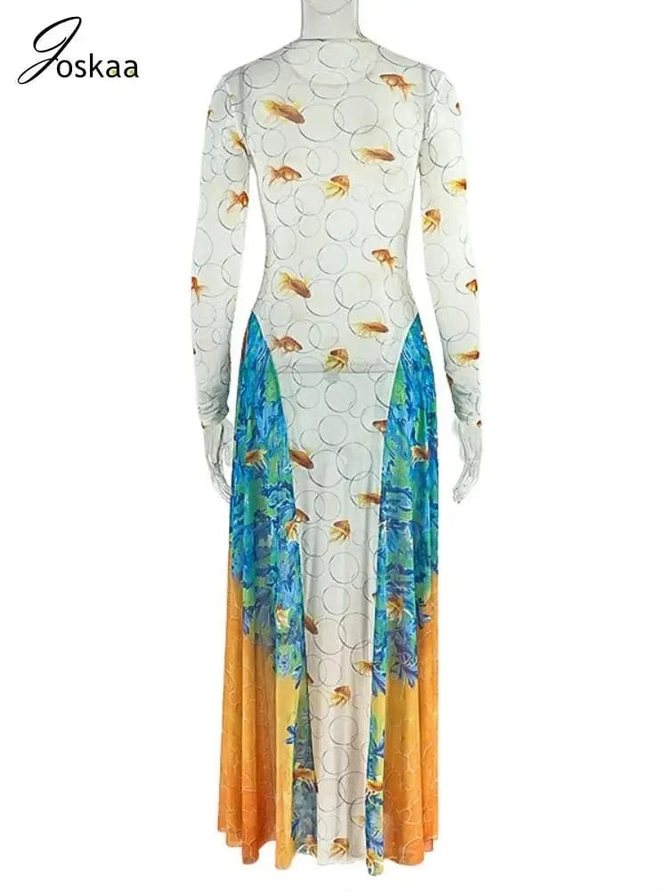 Joskaa 2025 Women's Print Patchwork A-Line Dress Sexy Sheer Mesh O-Neck Long Sleeve Belted Waist Skinny Vestidos Y2K Streetwear