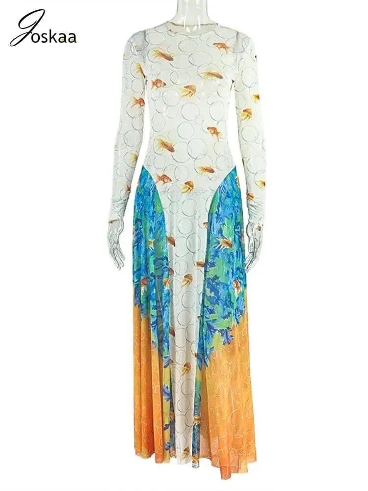 Joskaa 2025 Women's Print Patchwork A-Line Dress Sexy Sheer Mesh O-Neck Long Sleeve Belted Waist Skinny Vestidos Y2K Streetwear