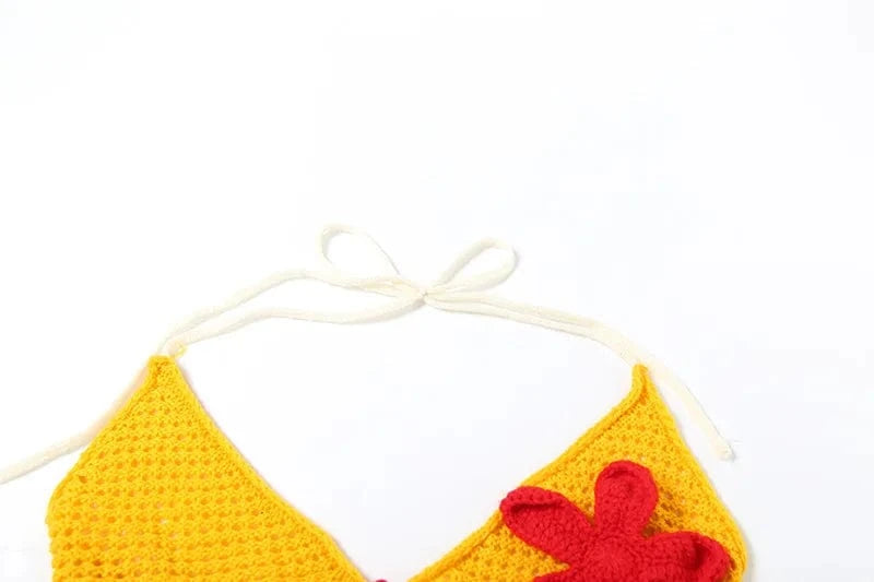 Joskaa 3D Flower Knit Beach Style 2 Piece Sets Women Sexy Halter Bra and Patchwork Shorts Matching 2025 Summer Holiday Outfits