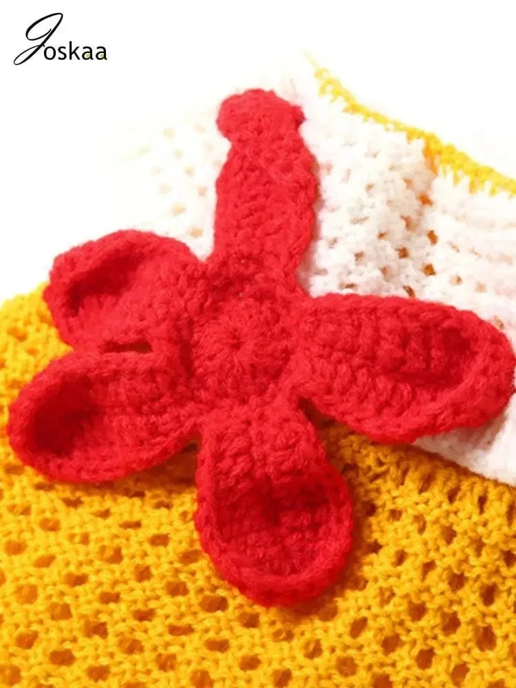 Joskaa 3D Flower Knit Beach Style 2 Piece Sets Women Sexy Halter Bra and Patchwork Shorts Matching 2025 Summer Holiday Outfits